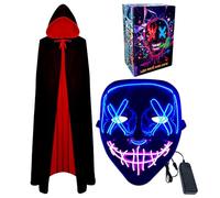 WFKKMEQ Masque d'Halloween à DEL et cape de vampire, masque lumineux pour cosplay, masque d'Halloween - Masque de rave à DEL réversible avec capuche - Tenue de fête pour adulte (bleu)