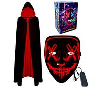 WFKKMEQ Masque d'Halloween et cape de vampire à DEL - Masque lumineux pour cosplay - Masques d'Halloween effrayants à DEL - Cape réversible avec capuche - Costume de fête pour adulte (rouge)