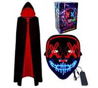 WFKKMEQ Masque d'Halloween et cape de vampire à LED, masque lumineux pour cosplay, Halloween, masque de rave à DEL, cape réversible avec capuche, tenue de déguisement pour adultes (rouge)