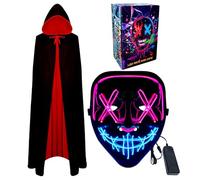 WFKKMEQ Masque d'Halloween et cape de vampire à LED, masque lumineux pour cosplay, Halloween, masque de rave, cape réversible avec capuche pour adultes (rose)