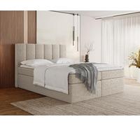 WFL GROUP Lit Boxspring 140x200 Complet avec Matelas, Surmatelas, Tête De Lit - Double Adulte, Coffre avec Rangement - Capitonné Crème en Tissu Bouclette - Amira - Beige