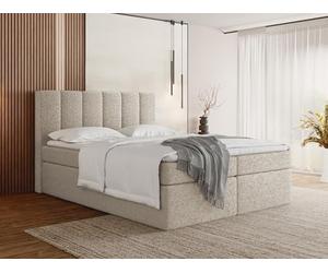 WFL GROUP Lit Boxspring 140x200 Complet avec Matelas, Surmatelas, Tête De Lit - Double Adulte, Coffre avec Rangement - Capitonné Crème en Tissu Bouclette - Amira - Beige