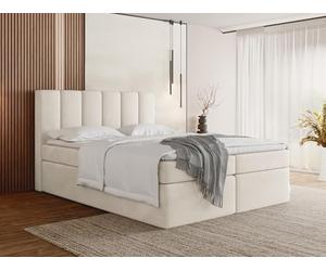 WFL GROUP Lit Boxspring 180x200 Complet avec Matelas, Surmatelas, Tête De Lit - Double Adulte, Coffre avec Rangement - Capitonné Crème en Tissu Velours - Amira - Beige