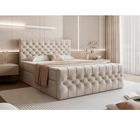 WFL GROUP Lit Boxspring avec Rangement Aurora 140x200 160x200 180x200 - Chesterfield Lit Double Rembourré avec Matelas Et Surmatelas - Lit avec Coffre Et Tête De Lit - 200 X 200 Cm - Beige