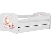 WFL GROUP Lit Enfant Blanc 70x140 80x160 80x180 Cm - avec Matelas, Barrière De Sécurité Et Tiroir - Lit Junior pour Fille Ou Garçon - Stable Et Sécurisé - Ours Bear - 160x80 Cm