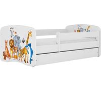 WFL GROUP Lit Enfant Blanc 70x140 80x160 80x180 Cm - avec Matelas, Barrière De Sécurité Et Tiroir - Lit Junior pour Fille Ou Garçon - Stable Et Sécurisé - Safari Animaux - 180x80 Cm