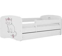 WFL GROUP Lit Enfant Blanc 70x140 80x160 80x180 Cm - avec Matelas, Barrière De Sécurité Et Tiroir - Lit Junior pour Fille Ou Garçon - Stable Et Sécurisé - Chat - 180x80 Cm