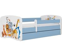 WFL GROUP Lit Enfant Bleu 70x140 80x160 80x180 Cm - avec Matelas, Barrière De Sécurité Et Tiroir - Lit Junior pour Garçon - Stable Et Sécurisé - Safari Animaux - 180x80 Cm