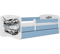 WFL GROUP Lit Enfant Bleu 70x140 80x160 80x180 Cm - avec Matelas, Barrière De Sécurité Et Tiroir - Lit Junior pour Garçon - Stable Et Sécurisé - Voiture - 140x70 Cm