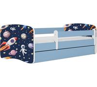 WFL GROUP Lit Enfant Bleu 70x140 80x160 80x180 Cm - avec Matelas, Barrière De Sécurité Et Tiroir - Lit Junior pour Garçon - Stable Et Sécurisé - Cosmos - 180x80 Cm