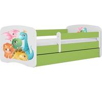 WFL GROUP Lit Enfant Vert 70x140 80x160 80x180 Cm - avec Matelas, Barrière De Sécurité Et Tiroir - Lit Junior pour Fille Ou Garçon - Stable Et Sécurisé - Dinosaures - 140x70 Cm
