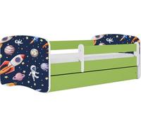 WFL GROUP Lit Enfant Vert 70x140 80x160 80x180 Cm - avec Matelas, Barrière De Sécurité Et Tiroir - Lit Junior pour Fille Ou Garçon - Stable Et Sécurisé - Cosmos - 140x70 Cm