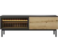 WFL GROUP Meuble TV Industriel Moderne - Cabinet TV Scandinave 150x55x39 Cm - Noir & Chêne Evoke avec Verre Trempé - éclairage LED - Push to Open - Portes en Verre & Lamelles - Holmric Set