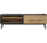 WFL GROUP Meuble TV Industriel Moderne - Cabinet TV Scandinave 180x55x39 Cm - Noir & Chêne Evoke avec Verre Trempé - éclairage LED - Push to Open - Portes en Verre & Lamelles - Holmric Set