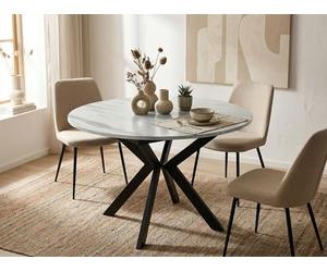 WFL GROUP Round Extendable Dining Table with Black Metal Legs - Internal Storage Extension Plate - Industrial Round Table for Living Room - Space Saver - 100 cm - White Marble