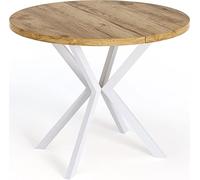 WFL GROUP Table à Manger Extensible Ronde - Table Style Loft avec Blanc Pieds en Métal - 100 à 180 cm - Table Ronde Style Industriel pour Le Salon - Compacte - Chêne Craft/Blanc- 100 cm