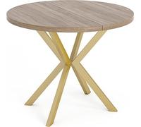 WFL GROUP Table à Manger Extensible Ronde - Table Style Loft avec Doré Pieds en Métal - 100 à 180 Cm - Ronde Table Style Industriel pour Le Salon - Compacte - 100 Cm - Chêne Sonoma