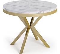 WFL GROUP Table à Manger Extensible Ronde - Table Style Loft avec Doré Pieds en Métal - 120 à 200 Cm - Table Ronde Style Industriel pour Le Salon - Compacte - 120 Cm - Marbre Blanc