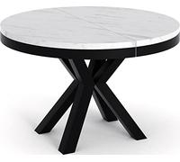 Table à manger extensible - Clara - Ronde - Style loft - Marbre Blanc - Pieds noir - Gain de place - 100-180 x 100 x 76 cm