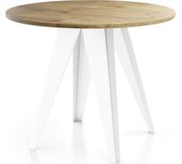 Table à manger extensible - Griffin - Ronde - Chêne Lancelot - Pieds métal blanc - Style industriel - 90-130 x 90 x 76 cm