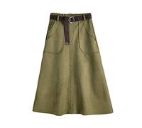 WGGY Jupe Femme Hiver,Jupe d'hiver en Daim Noir Vintage pour Femme Taille Élastiquée Maxi avec Poches De Ceinture Élégante Jupe Froncée en Tricot Taille Haute Une Ligne Grande Jupe Pendule, Vert Arm