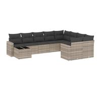 WGYHOME Ensemble de canapé de jardin 10 pièces en polyrotin gris clair avec coussins lavables et plateau en verre - Résistant aux intempéries et aux UV - Modulaire - Pour terrasse, balcon, jardin