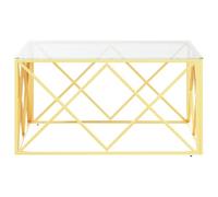 WGYHOME Table basse 80 x 80 x 40 cm en acier inoxydable doré et verre de sécurité - Table de salon moderne comme étagère pour collations, boissons et décoration - Rustique et élégante