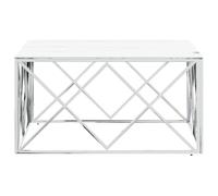 WGYHOME Table basse argentée 80 x 80 x 40 cm en acier inoxydable et verre trempé avec aspect marbre, moderne, stable, facile d'entretien, pour salon, salon et loft