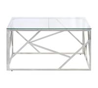 WGYHOME Table basse argentée en acier inoxydable et verre trempé 80 x 80 x 40 cm - Table de salon moderne avec structure stable, facile d'entretien et décorative pour salon, salon ou réception