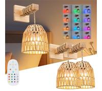 wgzixezn Applique murale en rotin tissé à piles sans fil bohème avec ampoules à intensité variable et télécommande 12 couleurs RVB rechargeables pour chambre à coucher, salon, couloir, éclairage