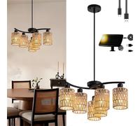 wgzixezn Lustre solaire d'extérieur à suspendre pour tonnelle, lustre solaire en rotin bohème à 6 lumières suspendues en rotin avec minuterie à intensité variable pour tonnelle, pergola, porche