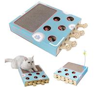 Whack Attack Cat Toy, 2025 New Wooden Whack A Mole Cat Toy, 3-in-1 Interactive Puzzle Box with Scratching Board & Teaser Stick, Fun Enrichment Toy Relieve Boredom and Boost IQ for Indoor Cat (Blue)