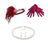 Whakano Accessoires des années 20, 4 bandeaux tendance des années 1920, collier de perles, boucles d'oreilles, gants pour femme, accessoires Gatsby pour femme, Halloween, Noël, bordeaux