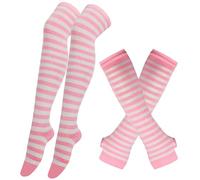 Whakano Ensemble de chaussettes longues chauffe-bras pour femme, mitaines, pour l'automne et l'hiver, manchettes, chauffe-jambes, chaussettes hautes, pour yoga, course, fête, festival, rayures roses