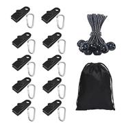 Whakano Lot de 10 clips de fixation avec mousqueton pour tente et cordons élastiques, sac avec cordon de serrage, tendeur de bâche, clips de fixation pour camping, pique-nique, randonnée, noir et
