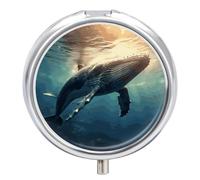 Whale Above - Petit pilulier rond avec miroir - 3 compartiments - Portable - Voyage quotidien - Joli pilulier pour supplément d'huile de poisson