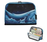 Whale Blue Ocean Starry Trousse à crayons avec fermeture éclair Grand sac de rangement mignon pour filles adultes enfants rentrée scolaire