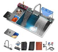 Whale Évier de cuisine à double cascade avec écran LED, rondelle tasse et distributeur de savon - Évier de poste de travail gris canon avec mélangeur cascade et commandes de comptoir (82 x 48 x 21 cm)