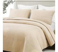 Whale Flotilla Couvre-Lit 260x280 cm, Dessus de Lit avec 2 Taies d'oreiller, Doux et léger avec Motif à rayé pour Toutes Les Saisons, Beige