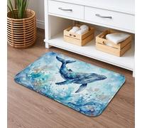 Whale Splash Tapis de bain à séchage rapide, absorbant, antidérapant, lavable en flanelle, pour salle de bains, toilettes, toilettes, décoration nautique, bleu océan, 40,6 x 61 cm