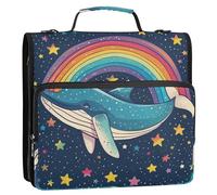 Whale Star Rainbow Classeur à fermeture éclair à 3 anneaux avec poignée et bandoulière, capacité de 500 feuilles, sac de rangement multi-poches pour l'école et le bureau