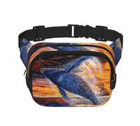 Whale Sunset Sac banane carré double couche avec imprimé intégral, tissu sergé durable, sac banane multi-poches pour sports de plein air voyage