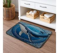 Whale Tapis de bain à séchage rapide pour salle de bain et toilettes, motif vitraux, bleu océan, antidérapant, lavable, en mousse à mémoire de forme, 40,6 x 61 cm