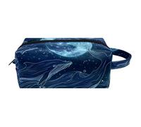 Whales and Moon Blue Color Art Pattern Women Cosmetic Storage Bag Hanging Makeup Toiletry Bag Portable Leather Travel Bag School Pencil Case, Multicolore 10., 8.2x3.1x3.5 in/21x8x9 cm