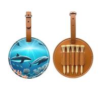 Whales under the sea Brown Sac de rangement pour tee de golf en cuir PU imprimé sur un seul côté, design à 5 points avec clip ceinture de 20 cm.