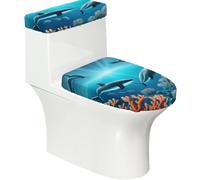 Whales Under the sea Ensemble couvercle de toilette extensible et housse de réservoir - Décoration de salle de bain élastique douce pour salle de bain en forme de U ovale