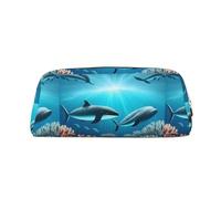 Whales Under The Sea Trousse à crayons légère et portable en cuir avec fermeture éclair 20,5 x 5,5 x 8 cm pour bureau, voyage, maquillage, doré, Taille unique, Pochette à monnaie