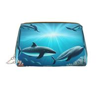 Whales Under The Sea Trousse de toilette en cuir étanche avec fermeture éclair pour femme Marron, blanc, Taille unique