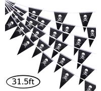 Whaline 31,5ft Halloween Jolly Roger Bannière, Drapeaux de Pirate en Forme de crâne 30 pcs Drapeaux triangulaires pour Halloween fête Pirate et décoration extérieure