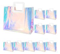 Whaline Lot de 10 sacs cadeaux holographiques en PVC de 32 x 30 x 14 cm avec poignées - Grands sacs d'emballage cadeau pour emballer des cadeaux de vacances, du shopping, des anniversaires, des fêtes
